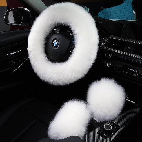 3Pcs Set Fashion Fluffy Fuzzy Wool Fur Soft Car Steering Wheel Cover with Handbrake Cover & Gear Shift Cover for Women/Girls/Ladies Auto Long Wool...