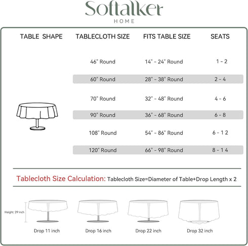 Softalker Round Tablecloth, Waterproof & Stain Resistant Table Cloth Wrinkle Free Fabric Washable Polyester Table Cover for Spring/Party/Outdoor -...