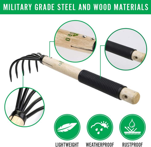 Garden Rake with Ergonomic Wooden Handle for Firm Grip, Military Grade Steel Gardeners Tine Cultivator Wood Japanese Ninja Claw Rake for Perfect P...