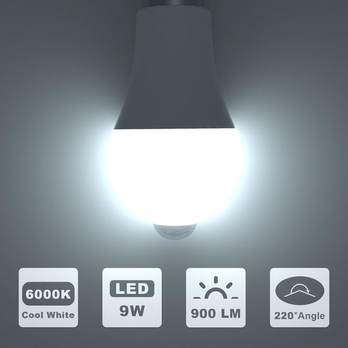 ORALUCE Motion Sensor Light Bulbs Indoor Outdoor 60 watt Equivalent, A19 E26 9W Motion Activated LED Bulb 6000K Cool White, Motion Sensor Light fo...