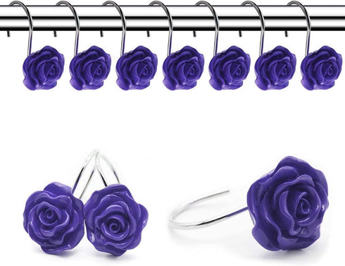 12 PCS Home Fashion Decorative Anti Rust Shower Curtain Hooks Rose Design Shower Curtain Rings Hooks (Purple)...