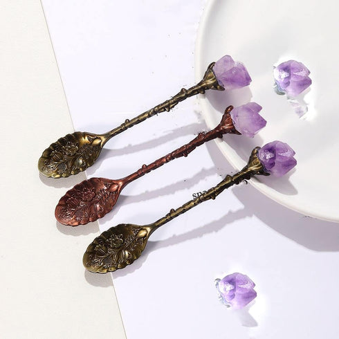 2pcs Retro Crystal Antique Spoon Coffee Spoon Tea Spoon,Amethyst Crystal Alloy Spoons,Mini Ice Cream Decorative Spoons, for Home Office...