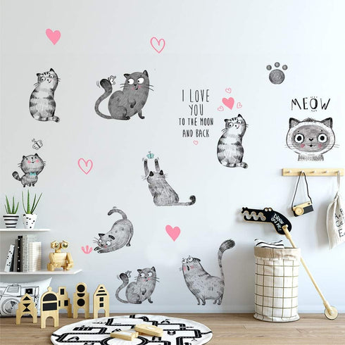 Cartoon Cats Wall Decals - MAIYU 9 Cute Kittens with Butterfly Heart Paw Print Wall Stickers for Kids Bedroom Living Room Nursery Home Decorations...