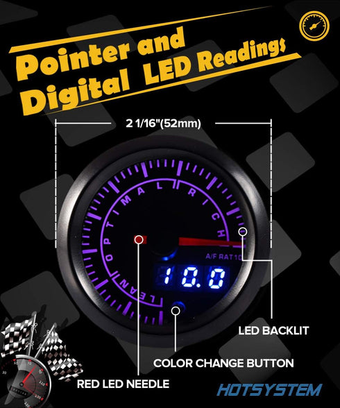 7 Color Air/Fuel Ratio AFR Gauge Kit Narrowband Pointer & LED Digital Readouts 2-1/16" 52mm Black Dial for Car Truck...