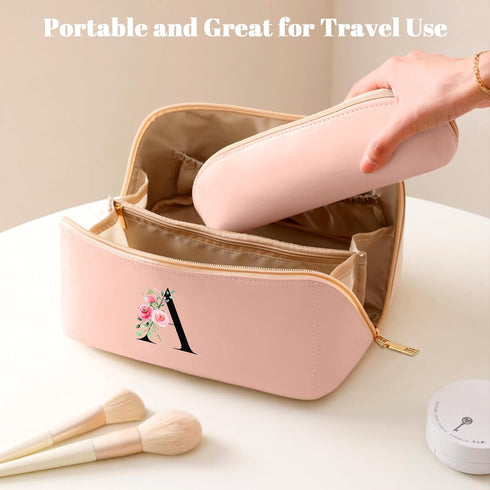 Personalized Initial Makeup Bag, Travel Cosmetic Bag with Brush Bag for Women, Large Capacity Portable Toiletry Bag Make Up Organizer...