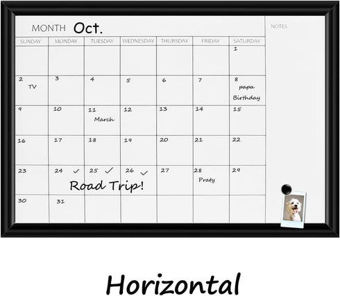 Dry Erase White Board & Monthly Calendar Board, Magnetic Whiteboard for Wall, Office/School/Home, Hanging Board for Decoration/Kitchen/Memo, Black...