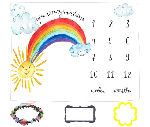 Sunshine Baby Monthly Milestone Blanket for Baby Boy and Girl, Rainbow Month Blanket for Baby Pictures Personalized, Includes Wreath and Frame Lar...