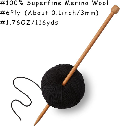 100% Merino Wool Yarn, 6-Ply Luxurious and Soft Yarn for Hand Knitting & Crocheting, 1.76 OZ/50g, 127 yds/116 Meters (Black, 3 Balls)...