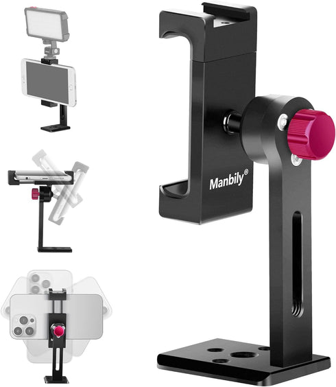 Manbily Phone Tripod Mount Adapter with Cold Shoe, Metal Aluminum Smartphone Tripod Holder 360° Cell Phone Clip for iPhone Samsung Video Live Vlog...