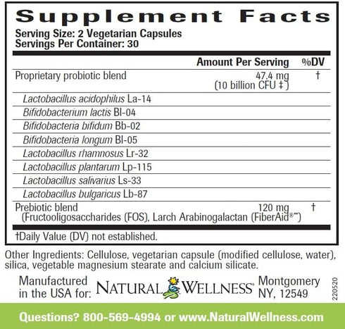 Natural Wellness Super Probiotics - 10 Billion Viable Cells Per Serving- 30 Day Supply...