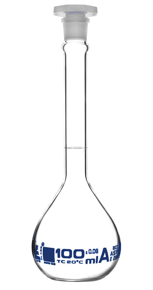 EISCO Volumetric Flask, 100ml - Class A, ASTM - Tolerance ±0.08ml - Polypropylene Stopper - Single, White Graduation - Borosilicate Glass...