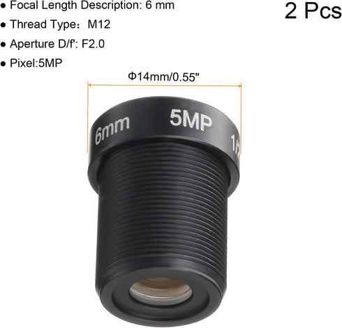 uxcell 6mm CCTV Camera Lens 5MP F2.0 FPV Wide Angle Security Camera Lens M12 Threaded Dia for IP Camera Panoramic, Black 2Pcs...