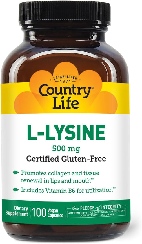 Country Life L-Lysine 500mg with B-6, Supports Immune Health, Promotes Collagen Renewal in Lips and Mouth, 100 Vegan Capsules, Certified Gluten Fr...