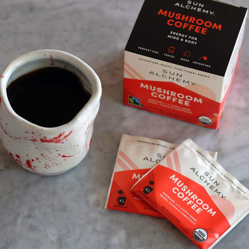 Sun Alchemy Mushroom Coffee, Energize with Organic Fair-Trade Coffee, Lion’s Mane, Reishi, Chaga & Cordyceps Mushrooms - 12 Sachets...