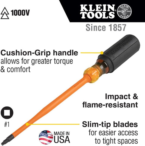 Klein Tools 6986INS Insulated Screwdriver, 1000V Slim Profile Tip, #1 Square with 6-Inch Shank, Cushion-Grip Handle...