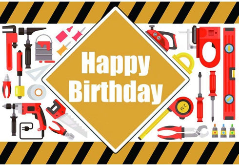 Construction Tools Theme Happy Birthday Backdrop for Boy 7x5ft Vinyl Tool Encyclopedia Engineering Genius Yellow and Black Stripes Background Kids...