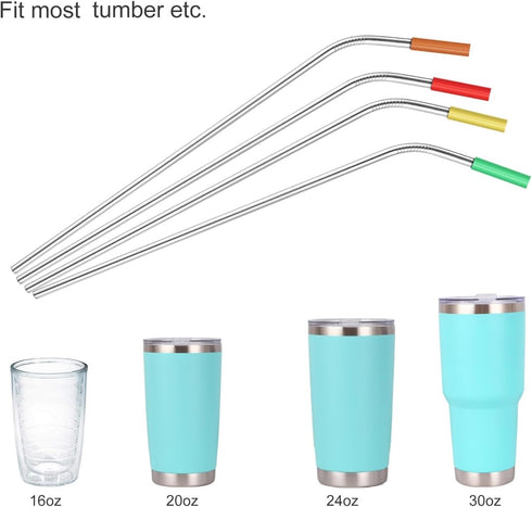 MUTNITT Set of 20 10.5" Reusable Bent Stainless Steel Straws with 20 Silicone Tips 5 Cleaning Brush 1 Travel Case Eco Friendly Extra Long Metal St...