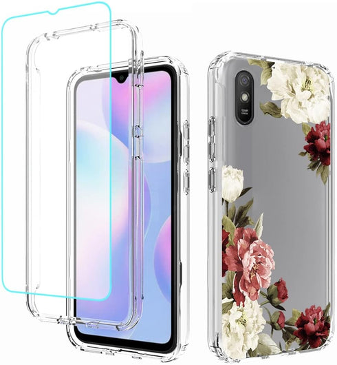 Phone Case for Redmi 9A M2006C3LG/Redmi 9i M2006C3LII Case with Tempered-Glass Screen Protector, Cute Clear Floral Pattern Full Body Protective Co...
