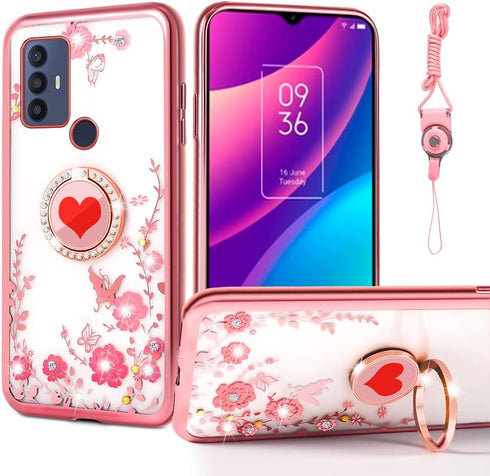 for TCL 30 SE Case (6.52-inch) Girls Women Cute Butterfly Red Heart Clear Soft Silicone Phone Case with Ring Stand Strap Lanyard Shockproof Protec...
