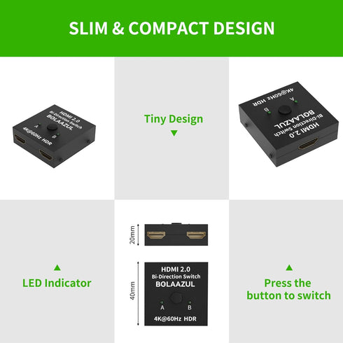 HDMI Switch 2 in 1 Out or 1 in 2 Out 4K@60Hz, Bi-Directional HDMI 2.0 Switcher 2-Way HDMI Port Expander Hub Selector Box Supports HDR, 3D, 1080P, ...