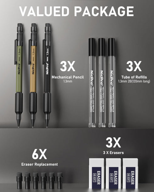 Nicpro 3 PCS 1.3 mm Mechanical Pencil Set 3 Colors with 36 Lead Refill, 3 Eraser - Weatherproof Metal MP2000 Heavy Duty Carpenter Pencil for Outdo...