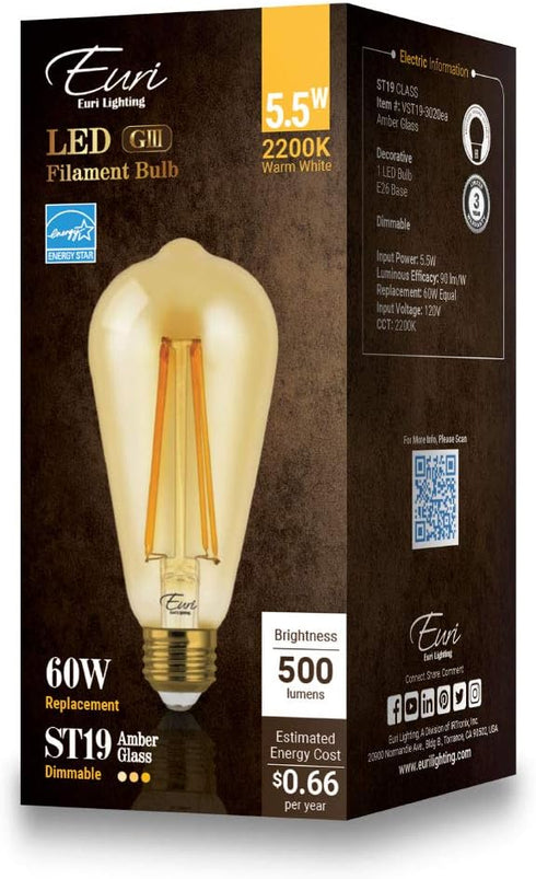 Euri Lighting VST19-3020ea, Dimmable LED ST19 Filament, 5.5W (60W Equal) 500lm, 80CRI, Warm White (2200K), Amber Tint, E26, 120V, Wet Rated, UL En...