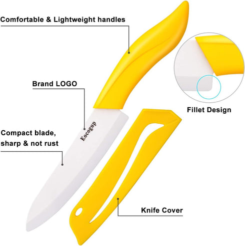 Updated Version Ceramic Knife Set 4-Piece Color with Sheaths (Includes 3" Paring Knife, 4" Fruit Knife, 5" Utility Knife, 6" Chef Knife) for Home ...