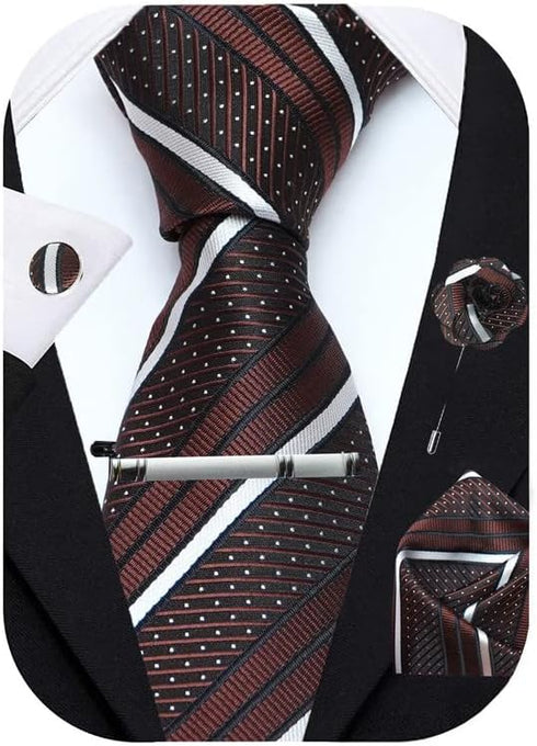 Brown Striped Ties For Men – Tie Set With Pocket Square Cufflinks Tie Clip Bar & Flower Brooch Pin For Mens (Pack of 5) (AXTS64)...