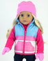 Sophia's 18" Doll 4 pc. Winter Fun Set with Puffy Powder Blue, White, and Hot Pink Striped Vest, Pink Fleece Hat and Mittens, and Polar Bear Snowf...