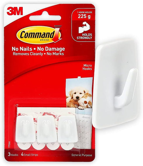 Command Micro Hooks, White, 3-Hooks, 4-Strips, Organize Damage-Free...