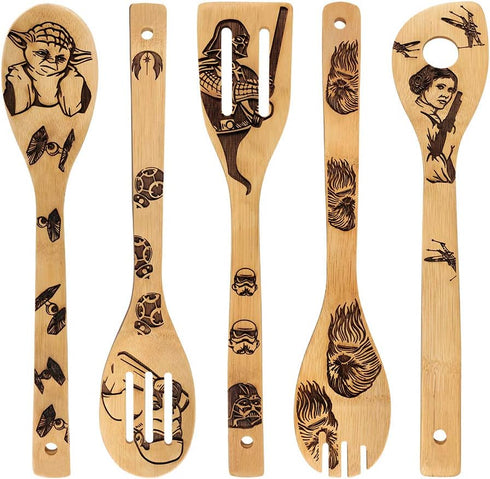 Star War Burned Wooden Spoons Utensil Set Gift Idea Cooking Serving Utensils Natural Bamboo Kitchen House Warming Presents Slotted Spoon 5 Piece...