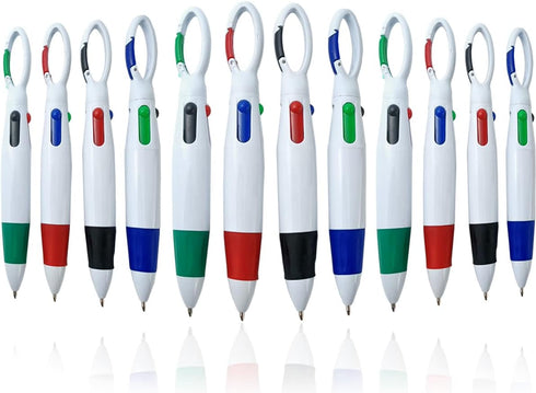 12PCS Plastic Carabiner Shuttle Pens 4-in-1 Retractable Ballpoint Pens Multicolor Pens with Buckle Keychain on Top for Office School Supplies Stud...