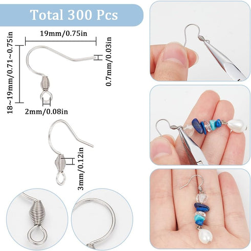 SUNNYCLUE 1 Box 300Pcs Stainless Steel Earring Hooks Bulk French Hook Earring Wires Fishhook Earring Hooks with Coil Fish Earwire Findings for Jew...