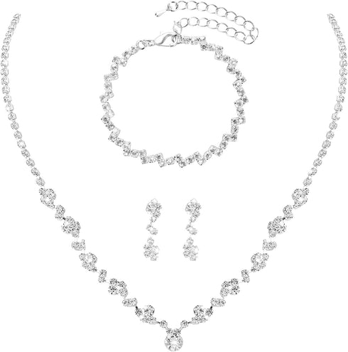 Bridal Jewelry Set Rhinestone Wedding Jewelry Set Include Wome Necklace Bracelet Earrings Brides Bridesmaid Prom Costume Jewelry Set for Bridal We...