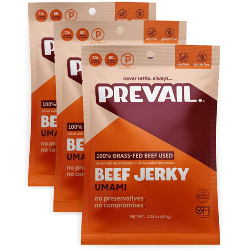 PREVAIL Umami Grass-Fed Beef Jerky | SOY FREE | 100% Grass-Fed | Gluten Free Snacks | High Protein Snacks | Free of Preservatives | No GMO's | Pac...