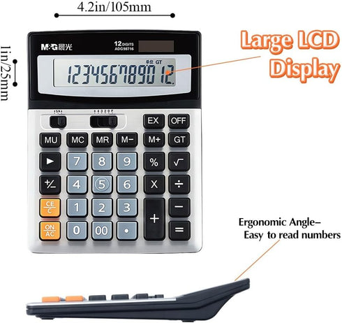 M&G Desk Calculator 12 Digit Extra Large LCD Display Calculator, Dual Solar Power and Battery, Battery Included, Metal Panel Comfort Button Calcul...
