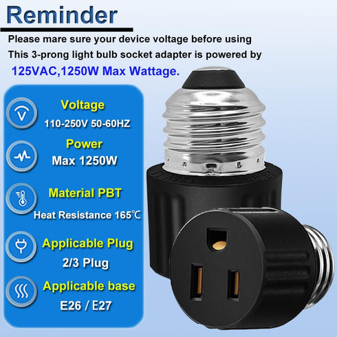 3 Packs 3 Prong Light Socket to Plug Adapter,E26/E27 Light Socket Outlet,Polarized Light Socket Adapter,2/3 Prong Outlet Socket Splitter Converter...