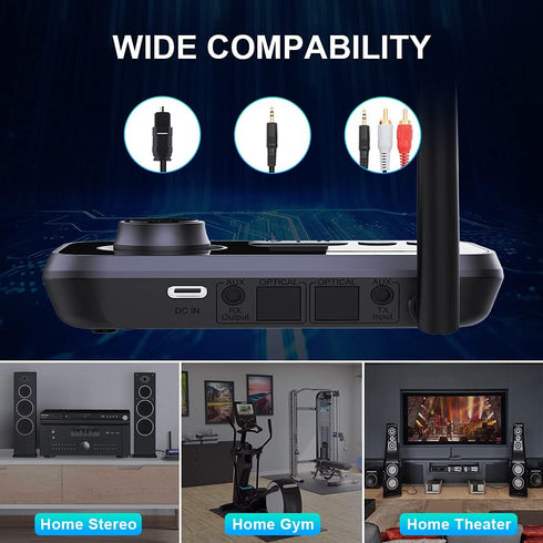 Bluetooth 5.0 Transmitter Receiver for 2 Headphones 2-in-1 Audio Adapter with Bypass Low Latency LCD Display ON/Off Switch Volume Control Optical ...