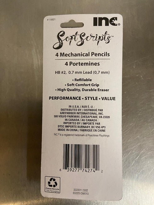 INC Soft Scripts 1 pack of 4 Mechanical Pencils #2 Lead Refillable...