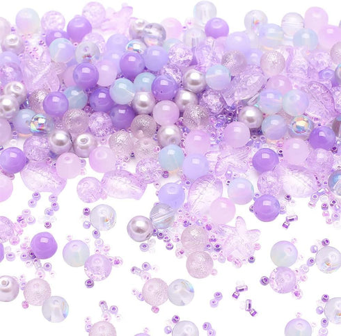 50Pcs Purple Assorted Crystal Beads Mix Shapes Sizes Beads Crackle Beads Seed Beads Round Beads Fish Starfish Beads Charms Glass Acrylic Spacer Be...