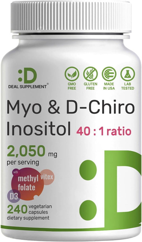 Myo-Inositol & D-Chiro Inositol Supplement (40:1) 2,050mg Per Serving, 240 Veggie Capsules – with Folate, Vitamin D3, & Vitex Complex – Women Heal...