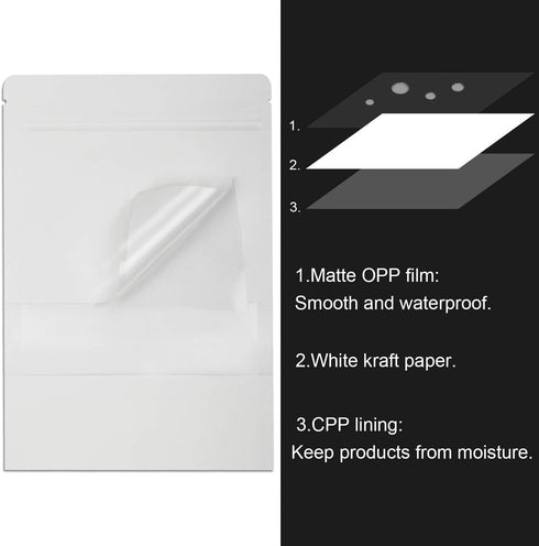 Blisstime 50 Pieces Resealable Bags for Small Business, White Kraft Paper Stand Up Pouches with Matte Window Reusable Heat Sealable Bags for Packa...