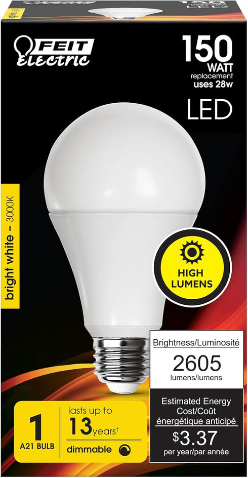Feit Electric A21 LED Light Bulb, 150W Equivalent, Dimmable, 2605 Lumens, E26 Standard Base, 3000K Bright White, 80 CRI, High Output LED Light Bul...