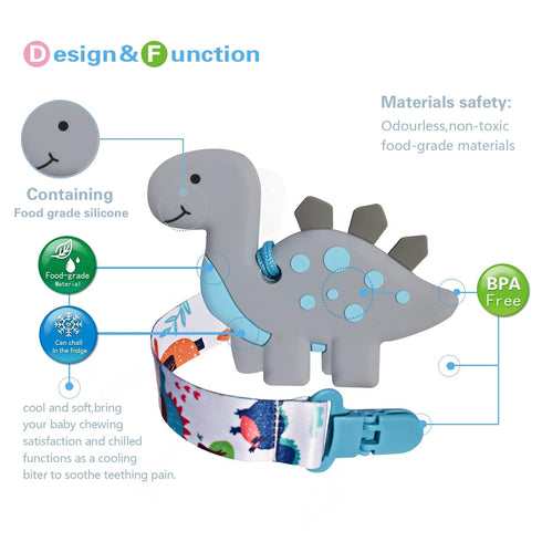 1 Soft Dinosaur Teether for Babies and 1 Baby Pacifier Clip, Valentines Day Gifts for Baby Girl Boy,Silicone Chew Toys for Baby (Grey Dinosaur)...