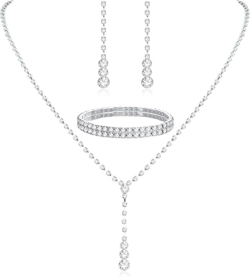 Cristina Prom Earrings Necklace Bracelet Set Elegant Rhinestone Crystal Wedding Jewelry Sets for Brides Bridesmaid Teardrop Pendant Crystal Weddin...