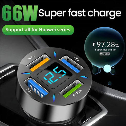 4 Ports USB Car Charger Adapter, Auto Portable PD 3.1/QC 3.0 Fast Charge Cigarette Lighter with Flush Fit Charging Plug, Compatible with iPhone 14...
