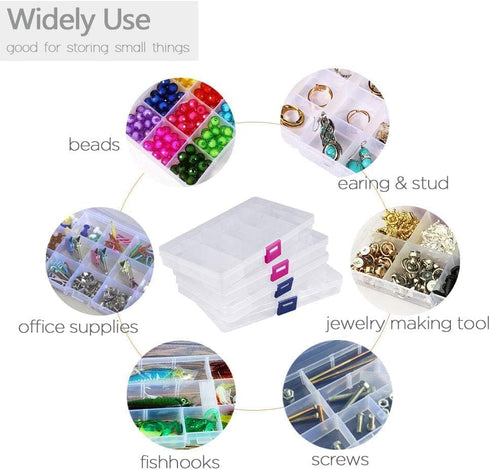 Opret 15 Grids Bead Organizer(4 Pack), Earring Organizer Box, SMALL Plastic Clear Organizing Containers with Adjustable Dividers for Crafts Jewelr...