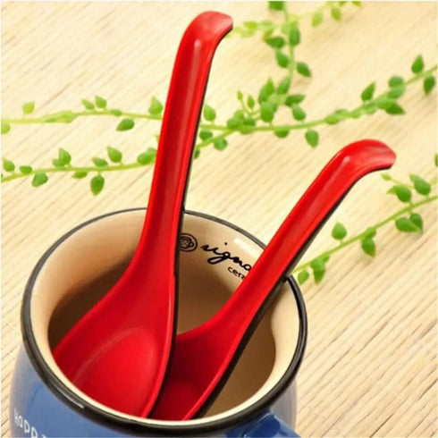 2 Pack - Red and Black 6.5-inch Asian Soup Spoon with Hook– Fuji Chinese Japanese Korean Style Spoon, Perfect for Melamine Won Ton Rice Pho Soba &...