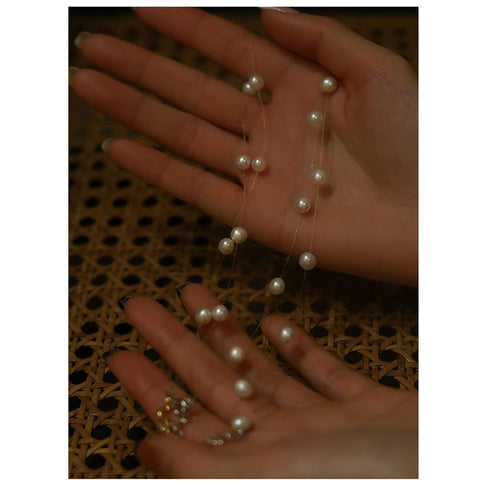 Boho Pearl Strand Choker Necklace Invisible Line Tiny Pearl Satellite Chain String Pearl Necklace Baroque Statement Pearl Necklace Bridal Beaded P...