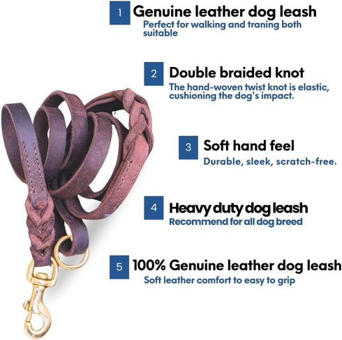 Leather Dog Leash, Strong Heavy Duty Genuine Leather Braided Dog Training Leash, Soft and Comfortable Leather Leash for Large Dogs, Medium Small D...